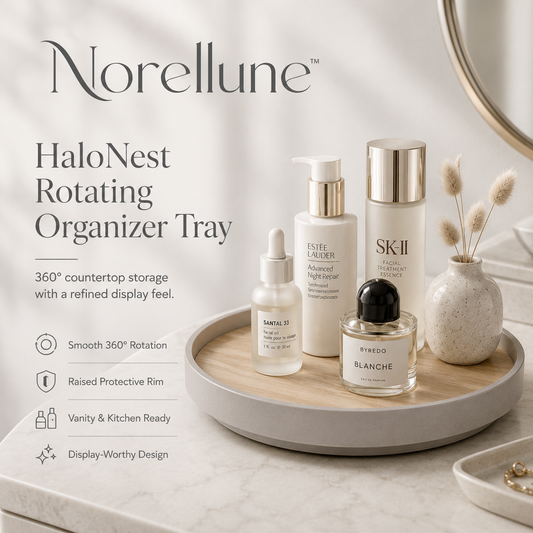 Norellune™ HaloNest 360° Rotating Organizer Tray – Wood Vanity Turntable, Perfume and Kitchen Counter Storage