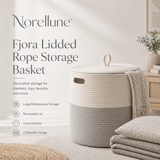 Norellune™ Fjora Lidded Rope Storage Basket – Collapsible Nordic Blanket, Laundry and Toy Organizer